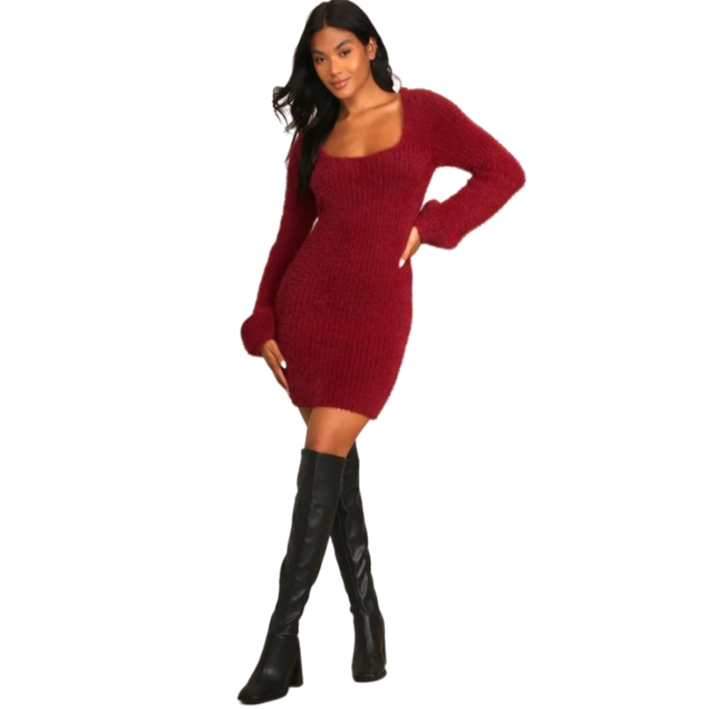 Lulus Cozy You Again Wine Eyelash Knit Sweater Dress